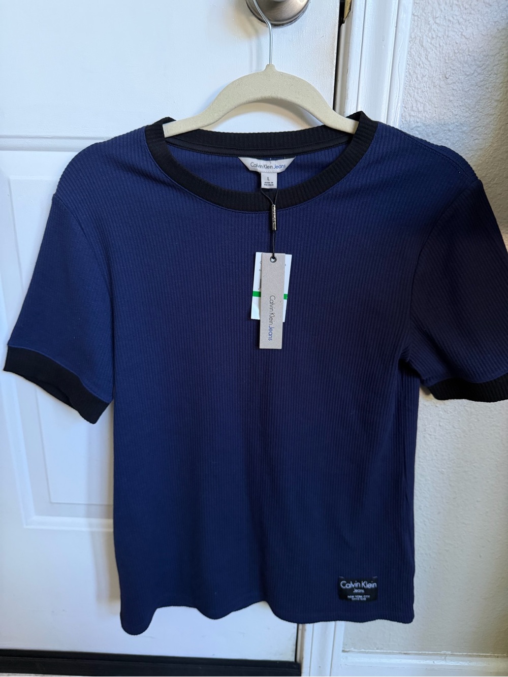 Calvin Klein Ribbed Y2K Baby Tee NWT Navy Blue Minimalist Top Large